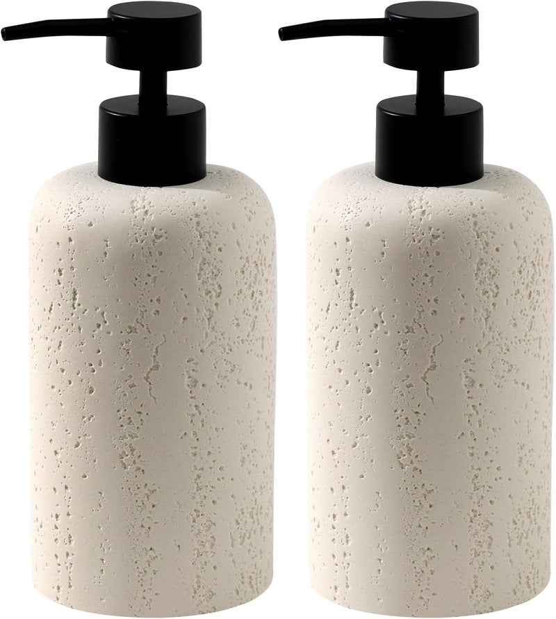 Haocoott Soap Dispensers 400mL 13.5 OZ, 2 PCS Luxurious Hand Dish Lotion Shampoo Soap Dispenser Jar, Travertine Soap Pump Bottles for Kitchen Bathroom Countertop (Cream) - Image 1